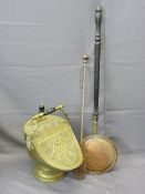 BRASS HELMET SHAPED COAL SCUTTLE, a vintage bed pan and fire iron