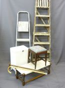 MIXED PARCEL - a wooden step ladder, metal step ladder, Loom style linen basket, two walking sticks,