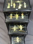 AN ORIENTAL TABLE QUARTETTO, glass topped with shibayama type decoration on ebonized timber with