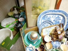 TWO BOXES OF MIXED POTTERY & PORCELAIN and a framed print of the Minster at York