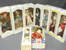 NINE BOXED LEONARDO COLLECTION PORCELAIN HEAD DOLLS in various costumes