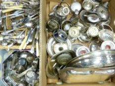 BOX OF PLATED WARE and a basket of loose cutlery