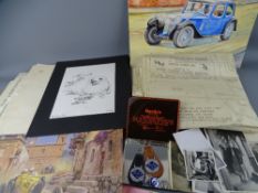 VINTAGE VEHICLE EPHEMERA, badges and photographs, a Vosper Royal Barge model blueprint and a