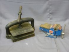 VINTAGE BOOK PRESS, a blue painted 'Swordfish' brand bench vice