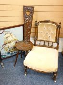 EDWARDIAN NURSING CHAIR, spinning chair with carved detail and a woolwork fire screen