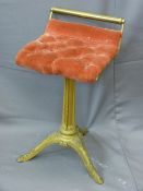 METAL FRAMED RISE & FALL SEAT on tripod base with red buttoned upholstery