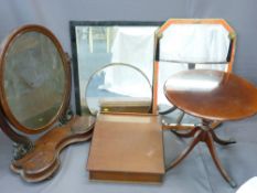 VICTORIAN MAHOGANY OVAL TOILET MIRROR with twin lift up lid compartments, a circular occasional