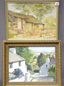 TWO OIL PAINTINGS - cottages on a hillside lane and oil on board - old farm building