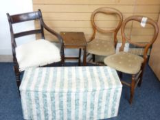 VINTAGE FURNITURE - two balloon back chairs, an ottoman, side table and elbow chair