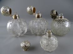 GOOD PAIR OF SILVER TOP GLOBULAR SCENT BOTTLES and two hobnail examples, Birmingham, Chester and