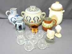 MIXED COLLECTION OF GERMAN STONEWARE, English pottery and glassware with two small stone head