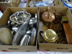 ELECTROPLATE souvenir spoons, hotel service ware, a copper kettle, brass weights ETC