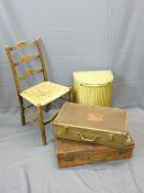 TWO VINTAGE SUITCASES, a string seated ladder back farmhouse chair and a Lloyd loom 'Lusty' linen