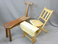 PITCH PINE SEATED ARTIST'S BENCH, a folding chair and rustic sofa table
