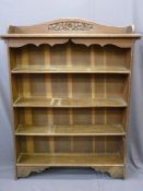 ANTIQUE STYLE OPEN FOUR SHELF BOOK CASE with carved arched, rail back, 157cms height, 118cms