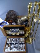 BRASS FIRE IRONS, a part canteen of cutlery and other mixed metalware including white metal peacocks