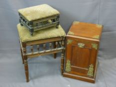 MAHOGANY FALL FRONT COALBOX, a vintage stool with spindle detail and a similar footstool with
