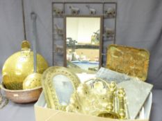 LARGE BRASS & IRON CHESTNUT ROASTER, a decorative pair of round base candlesticks with other brass