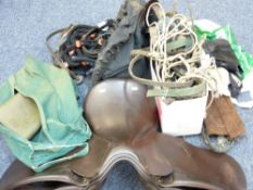 LEATHER HORSE RIDING SADDLE by Ideal Saddle Company, Walsall and a parcel of associated items