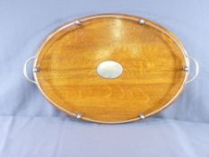 VINTAGE OVAL OAK TRAY, twin handled gallery and plated mounts, 62.5cms wide