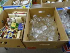 DRINKING GLASSWARE including decanters, scent bottles and a box of knitting and haberdashery ETC