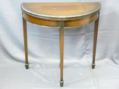 MAHOGANY FOLD-OVER TEA TABLE with rope edging, tapered supports and spade fee, 76cms height, 80cms