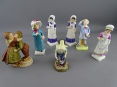 SIX ROYAL DOULTON FIGURINES and a Royal Dux 'Kissing Dutch Boy and Girl Group' including 'River Boy'