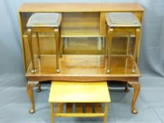 NATHAN TEAK DISPLAY CABINET, Long-John coffee table, two smaller similar and one other teak square