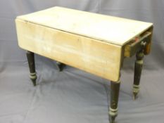 VINTAGE PINE FARMHOUSE TABLE with end drawer and drop sides on turned supports, 74cms height, 107cms