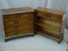 MAHOGANY INLAID CHEST of two over three long drawers and a similar slim two drawer, two shelf