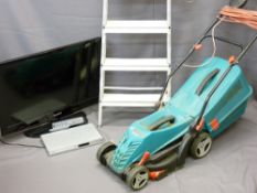 SAMSUNG 32INS LCD TV, Phillips DVP3120 DVD player, Bosch Rotak 34R electric lawn mower and a metal