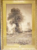 GEORGE SHEFFIELD fine sepia watercolour - rural scene of farmstead, resting sheep and farmer leaning