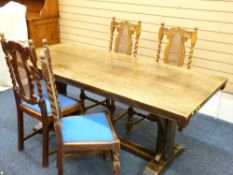 FINE ANTIQUE FOUR PLANK REFECTORY TABLE with carved edge details and four cane back twist support