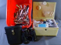 KINGS PATTERN & OTHER CUTLERY, a vintage cased set of Boots binoculars and a haberdashery box with