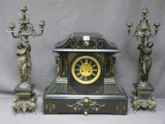 SUPERB VICTORIAN SLATE CLOCK GARNITURE, 45cms height x 49cms width having applied masks and gilt