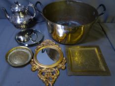 GOOD SIZED BRASS JAM PAN with iron handles, electroplate kettle and similar items
