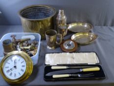 VINTAGE METALWARE including a good brass planter, a cocktail shaker, cased carving set ETC