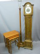 OAK CASED TEMPUS FUGIT ELECTRIFIED CLOCK, inlaid nest of three tables and a mahogany standard lamp