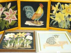 PARCEL OF FIVE FRAMED BIRD/ANIMAL TAPESTRIES and two floral similar