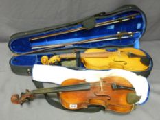 MODERN VIOLIN & TWO BOWS in a hard carry case and a vintage violin with hairless bow