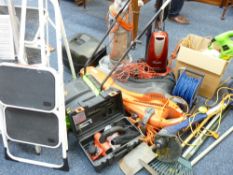 HUGE PARCEL OF HOUSEHOLD & GARDEN ITEMS including a boxed electric plainer, good step ladders, Dyson