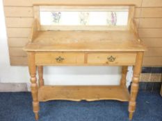 ANTIQUE PINE WASH STAND with tile back, two drawers and lower base shelf, 99cms height, 100cms