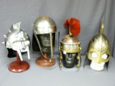 FOUR REPRODUCTION MILITARY HELMETS, examples for Roman, Greek, Cromwellian and a copy from the