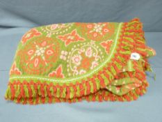 POSSIBLY WELSH WOVEN WOOL BEDSPREAD in green, pink and red reverse patterning, 240 x 200cms