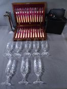 VINTAGE CASED SET OF TWELVE FISH KNIVES & FORKS with silver ferrules, a quantity of cut glass