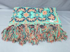 POSSIBLY WELSH WOVEN WOOL BEDSPREAD, green, red and black reverse tones with tasselled ends, 220 x
