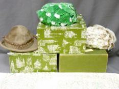 THREE LADY'S VINTAGE HATS with Harrods boxes and a vintage table cover