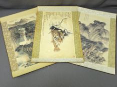 THREE CHINESE BLOCK PRINT INK SCROLLS silk bordered on paper, one depicting Shou Xing seated upon