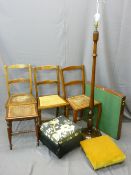 THREE CANE SEATED CHAIRS, a foot stool, cane seated stool, reeded decorated standard lamp ETC