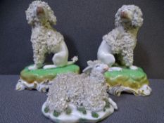 PAIR OF DRESDEN POODLES on plinths, 13cms high and a similar sheep ornament